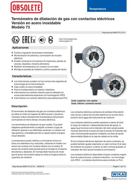 PDF Termómetro de dilatación de gas con contactos Longitud de