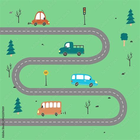 cartoon cute kids map  car road city landscape elements cars