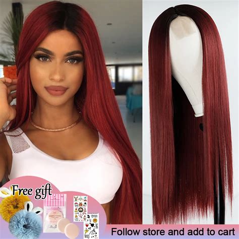 Long Straight Hair Wig Wine Red Synthetic Wig Ladies Natural Hand Middle Heat Resistant Fiber