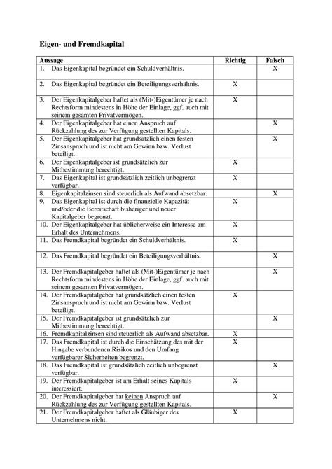 Bungsfragen Mit L Sungen Eigen Und Fremdkapital Aussage Richtig