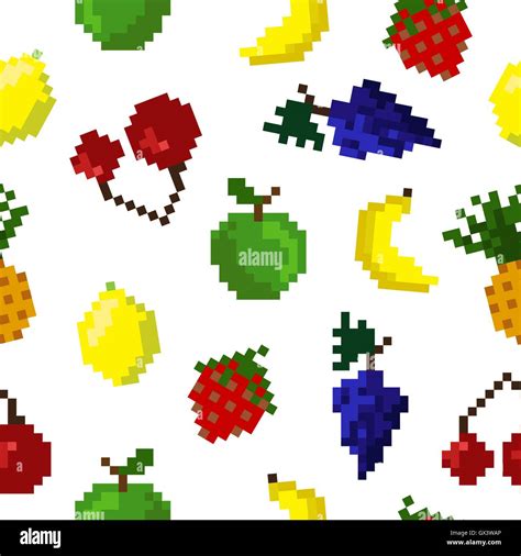 Pixel fruit background. Fruits pattern. Pixel art. Apple, banana Stock ...