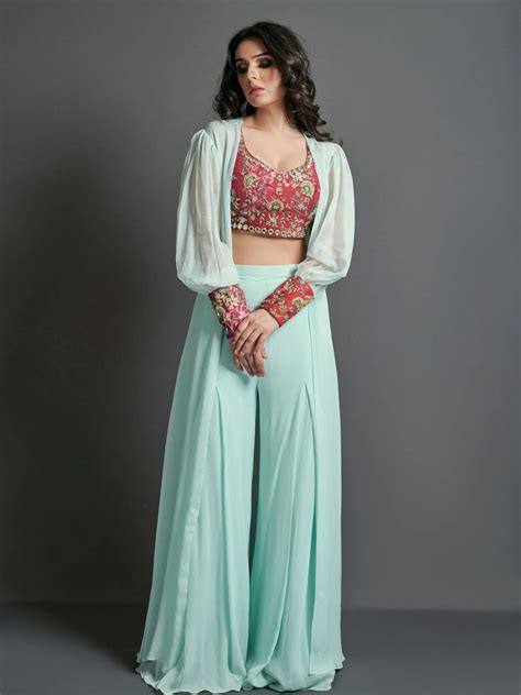 Sea Green And Crimson Red Flare Pant Set For Wedding Partywear