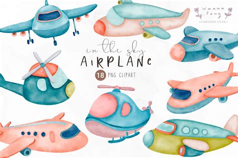 Watercolor Airplane Travel Clipart, PNG Graphic by Wannafang Cartoon Cute · Creative Fabrica