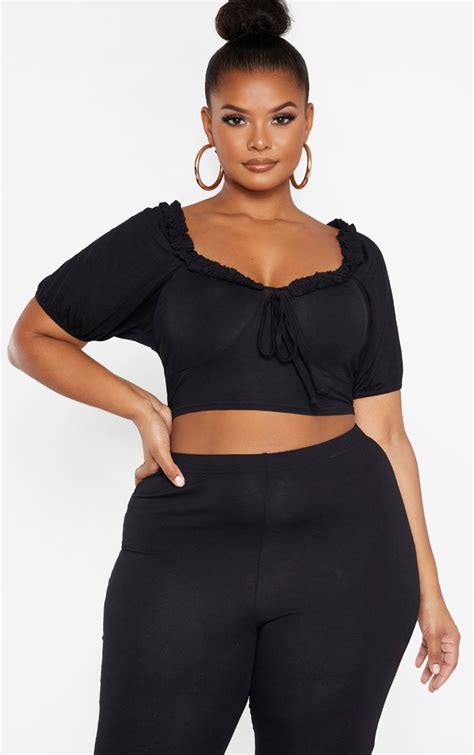 Plus Black Jersey Ruched Front Crop Top Prettylittlething Usa