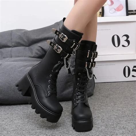 Botas Pretas G Ticas Punk Para Mulheres Corrente De Fivela Salto Alto