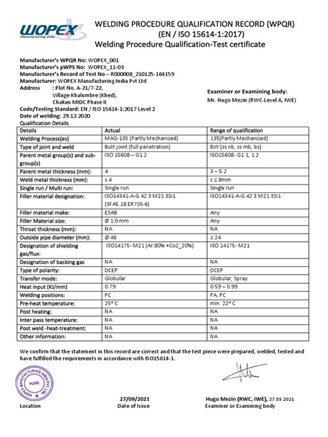 Welding Procedure Qualification Record Wpqr En Iso 15614 1 2017 Welding Procedure