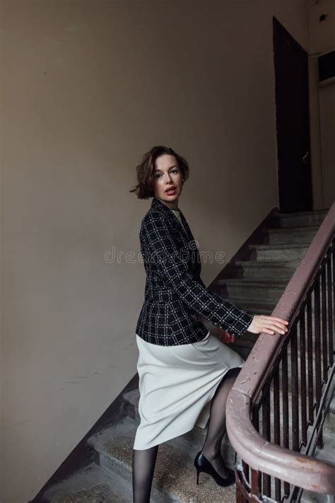 Woman 40 Years Old Standing On The Stairs Stock Photo Image Of Brunette Fashion 363573284