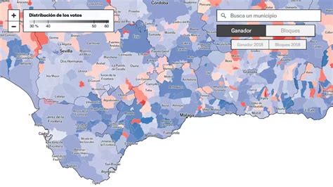 Mapa de resultados de las elecciones en Andalucía por municipios y