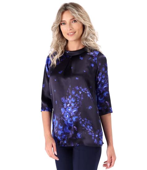 Natural Silk Blouse Printed With Floral Motifs Navy Blue Yokko