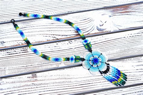 Blue Boho Flower Necklace Contemporary Native American Beaded