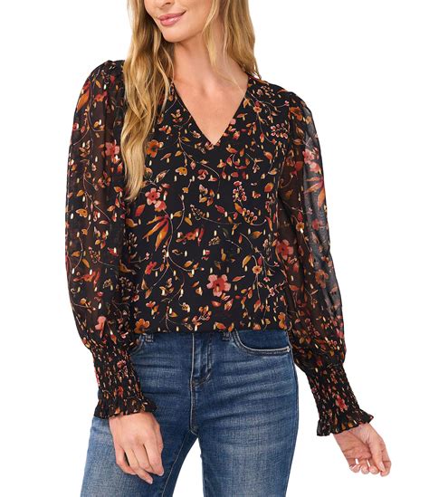 Cece V Neck Long Cuffed Sleeve Floral Blouse Dillard S