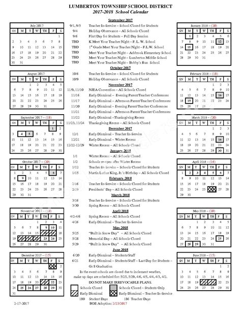 2017 - 2018 School Calendar | Lumberton Township School District – New ...