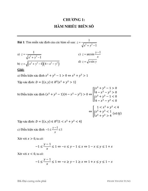 Giải đề Cương Hàm Nhiều Biến ChƯƠng 1 HÀm NhiỀu BiẾn SỐ Bài 1 Tìm Miền Xác định Của Các Hàm