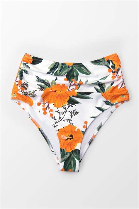 Orange Floral Shirring High Waisted Bikini Bottom