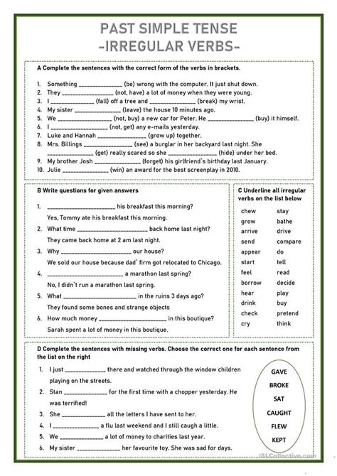 Past Simple Tense Irregular Verbs English Esl Worksheets For Distance Learning And Physical