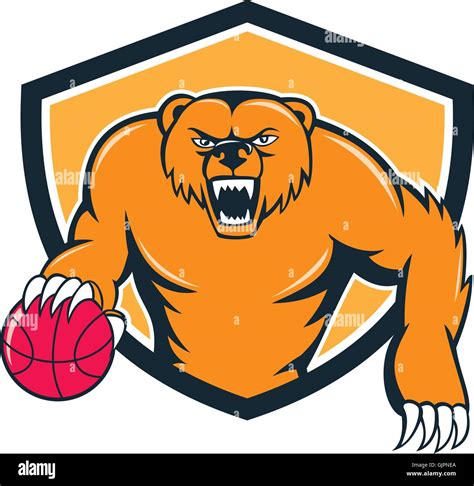 Grizzly Bear Angry Dribbling Basketball Shield Cartoon Stock Vector