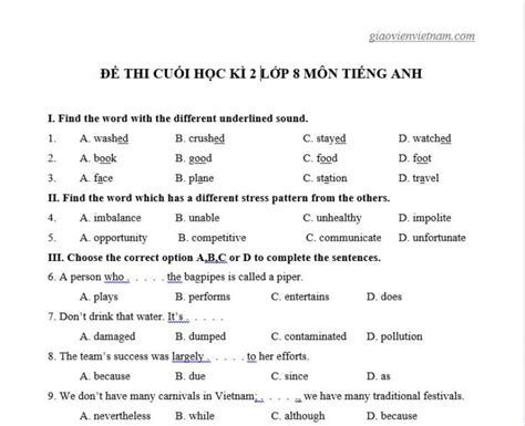 Đề kiểm tra tiếng anh lớp 8 học kì 2 thí điểm Giáo viên Việt Nam