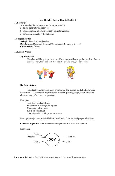 Lesson Plan In Eng Adjectives 3 Semi Detailed Lesson Plan In English