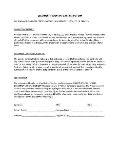 Fillable Online Debarment Suspension Certification Form Fax Email Print