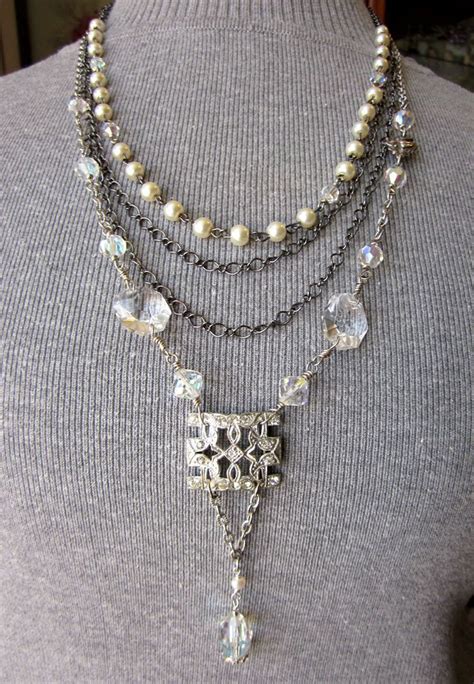 Upcycled Art Deco Rhinestone Necklace Crystal Beads Long Etsy