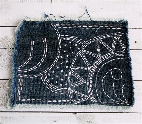 Handmade Boro Sashiko Darning Denim Patch With Continuous Stitches