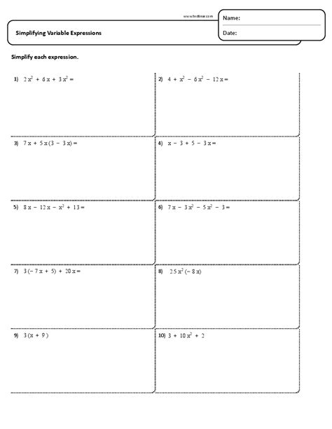 Solving Variable Expressions Worksheets