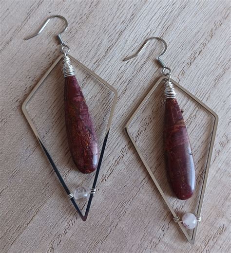 Red Creek Jasper Earrings Wrapped Teardrop Dangles Kite Shaped Ts