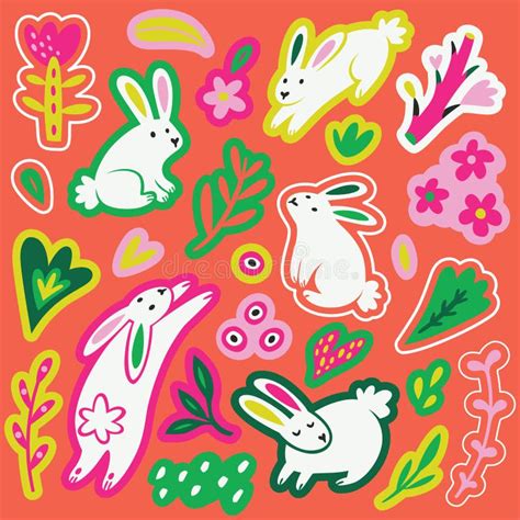 White Rabbits Flowers And Leaves Sticker Set Isolated On Red