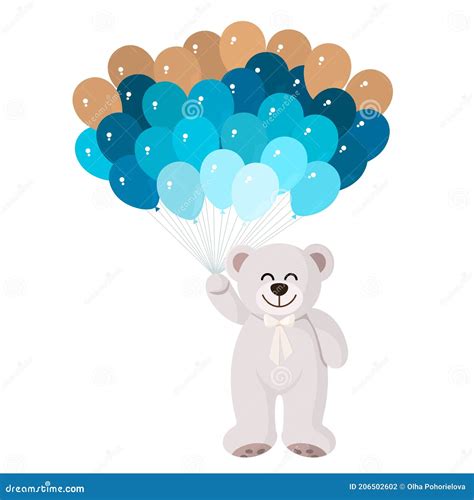 Oso De Peluche Lindo Volando Sobre Globos Azul Y Dorado Stock De