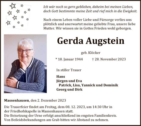 Traueranzeigen Von Gerda Augstein Trauer Wlz Online De