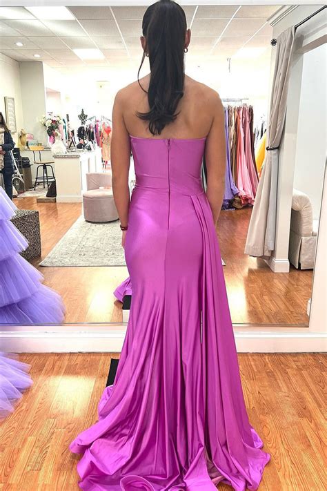 Queendancer Women Hot Pink Long Prom Dress With Slit Satin Strapless