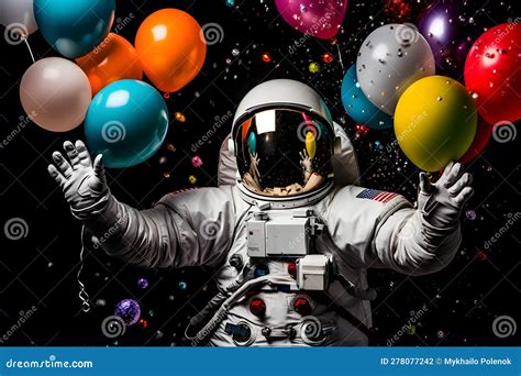 Astronaut Cartoon Floating With Balloon Planet In Space Background