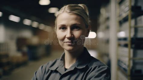 A Smiling Swedish Female Factory Worker Standing In Warehouse Stock