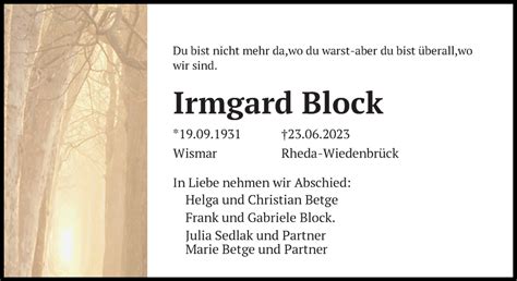 Traueranzeigen Von Irmgard Block Trauer Anzeigen De