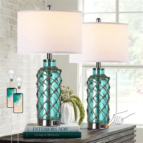 Cottage Nautical Accent Table Lamp Set Of 2 Touch Control Coastal Blue