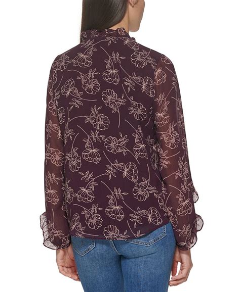 Calvin Klein Printed Ruffle Trim Long Sleeve Blouse Macys