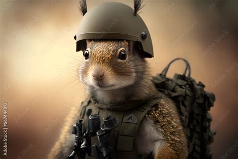 Portrait Of A Squirrel Dressed In A Military Uniform Generative Ai