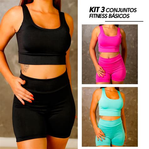 Kit 3 Conjuntos Fitness Short E Top Academia Cintura Alta Suplex Faz