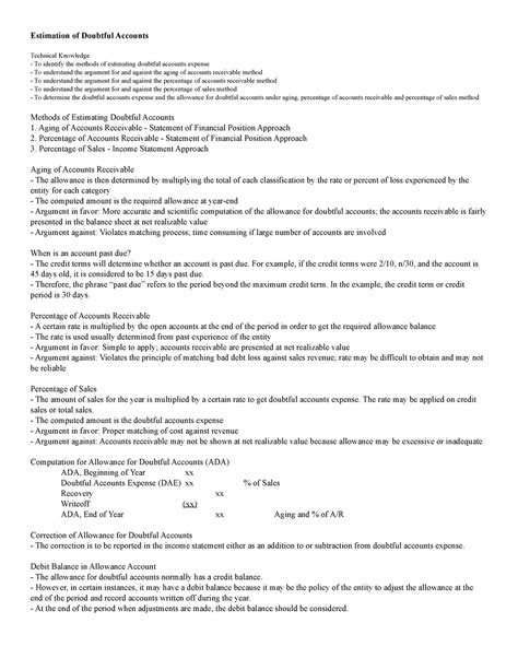 Estimation Of Doubtful Accounts Notes Estimation Of Doubtful