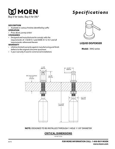 Moen 3942BL Deck Mounted Kitchen Soap Dispenser With Above The Sink