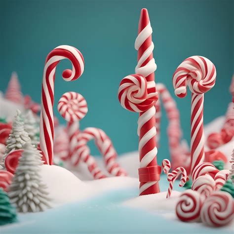 Cannes De Bonbon De Noël Et Sapins Dans La Neige Illustration 3d