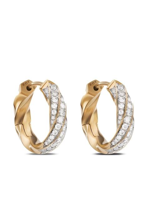 David Yurman 18kt Yellow Gold Cable Edge Diamond Huggie Hoop Earrings