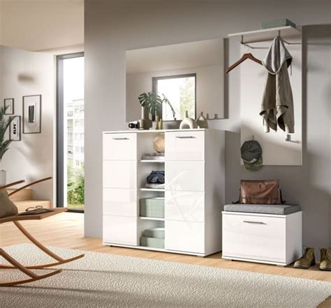 Garderobe Flurgarderobe Wei Hochglanz Flur Set Mit Kommode Paneel Bank