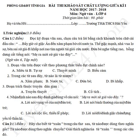 Đề thi giữa kì 1 lớp 6 môn Văn THCS Hải Yến 2017