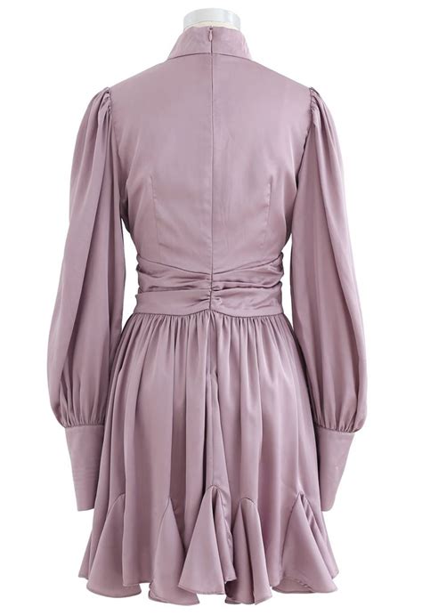 High Neck Puff Sleeves Satin Ruffle Dress In Lilac Retro Indie And