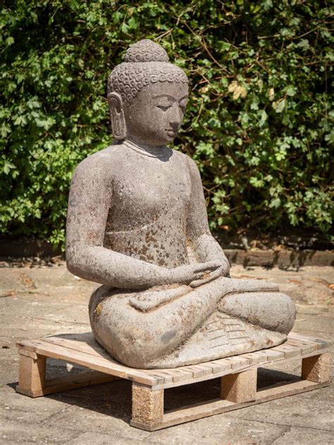 Middle 20th Century Old Lavastone Buddha Statue In Dhyana Mudra From