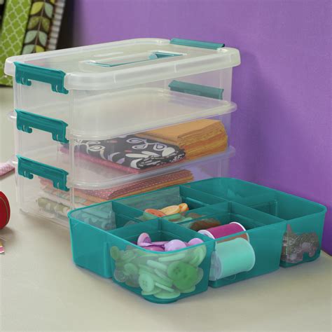 Sterilite Stack Carry 3 Layer Handle Box Tray Teal Sachet