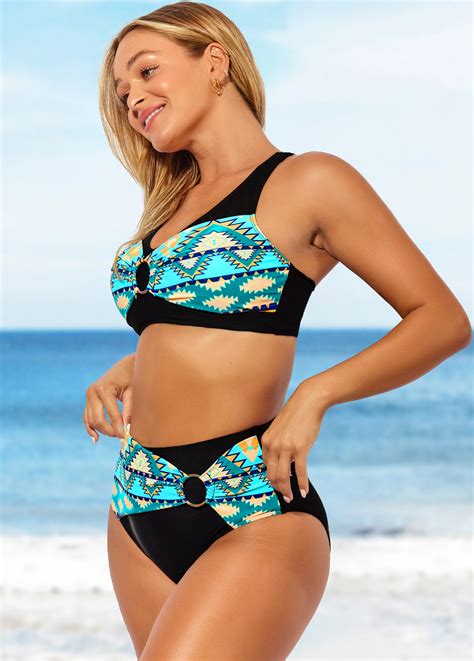 Tribal Print High Waisted Black Cross Strap Bikini Set Modlily