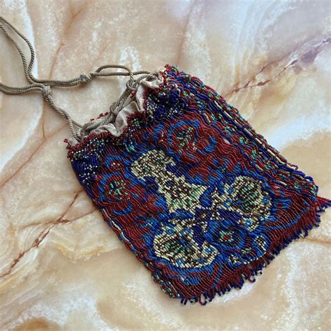 Victorian Reticule Beaded Purse Red Blue Floral Des Gem