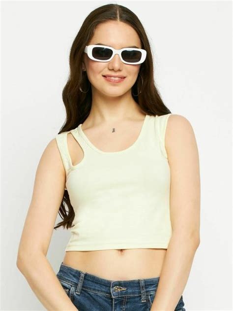 Brinns Cream Round Neck Cut Out Fitted Crop Top Jiomart